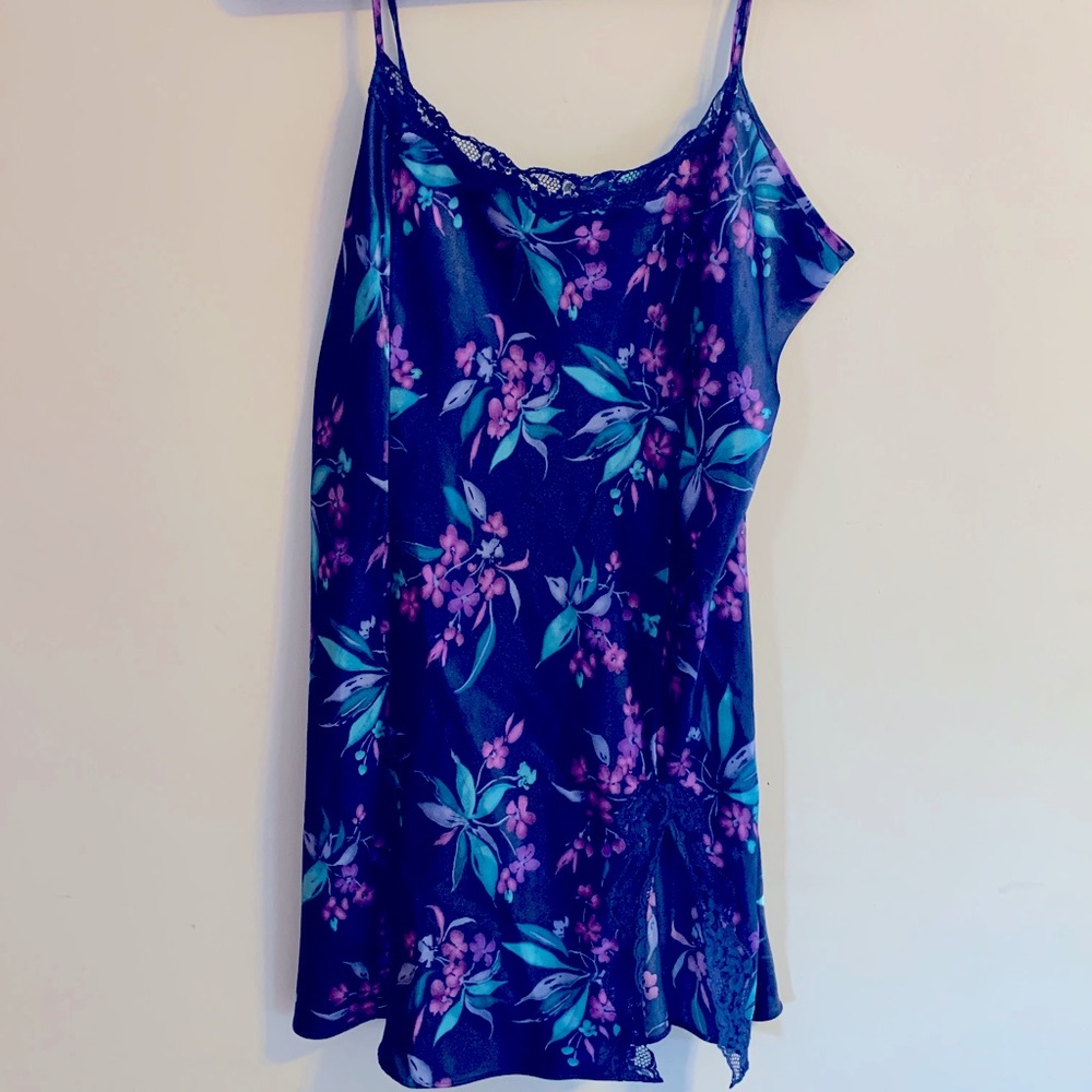 Vintage Navy Blue Floral & Lace Slip Dress